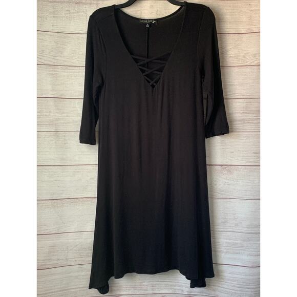Living Doll Black Dress with Criss Cross Front V Neck Elbow Length Sleeves XL - Picture 1 of 11